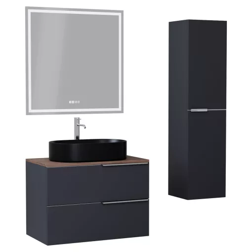 HD Carona Matt Antracit 60 komplett fürdőszoba bútor szett fali mosdószekrénnyel, fényes króm fogantyúkkal, tölgyfa színű mosdópulttal, tükörrel és magasszekrénnyel