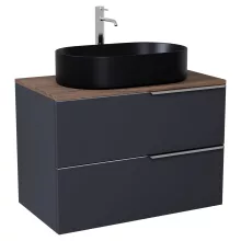 HD Carona Matt Antracit 60 komplett fürdőszoba bútor szett fali mosdószekrénnyel, fényes króm fogantyúkkal, tölgyfa színű mosdópulttal, tükörrel és magasszekrénnyel