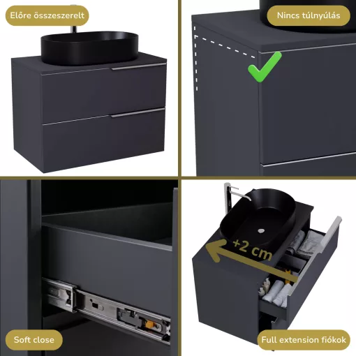 HD Carona Matt Antracit 60/80 fali mosdószekrény matt antracit mosdópulttal és fényes króm fogantyúkkal