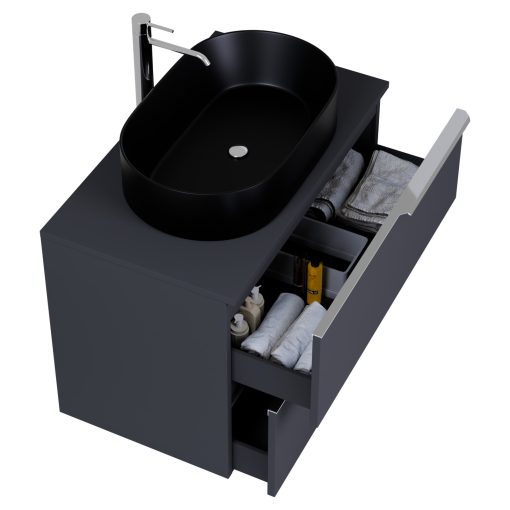 HD Carona Matt Antracit 60 komplett fürdőszoba bútor fali mosdószekrénnyel, fényes króm fogantyúkkal, antracit mosdópulttal és tükörrel