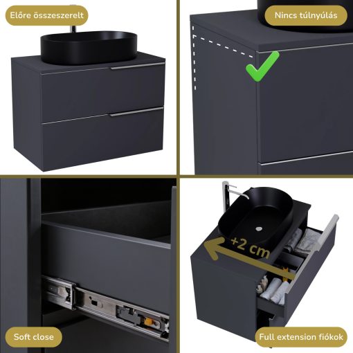 HD Carona Matt Antracit 60 komplett fürdőszoba bútor fali mosdószekrénnyel, fényes króm fogantyúkkal, antracit mosdópulttal és tükörrel