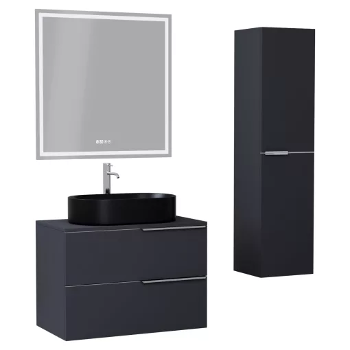 HD Carona Matt Antracit 60 komplett fürdőszoba bútor szett fali mosdószekrénnyel, fényes króm fogantyúkkal, antracit mosdópulttal, tükörrel és magasszekrénnyel