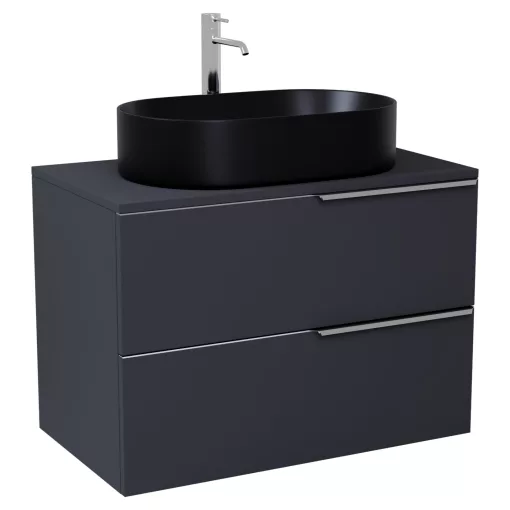 HD Carona Matt Antracit 60 komplett fürdőszoba bútor szett fali mosdószekrénnyel, fényes króm fogantyúkkal, antracit mosdópulttal, tükörrel és magasszekrénnyel