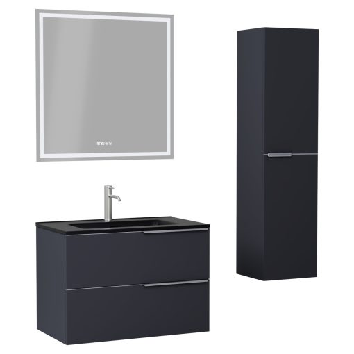 HD Cremona Matt Antracit 60 komplett fürdőszoba bútor szett fali mosdószekrénnyel, szálcsiszolt króm fogantyúkkal, matt fekete slim mosdóval, tükörrel és magasszekrénnyel