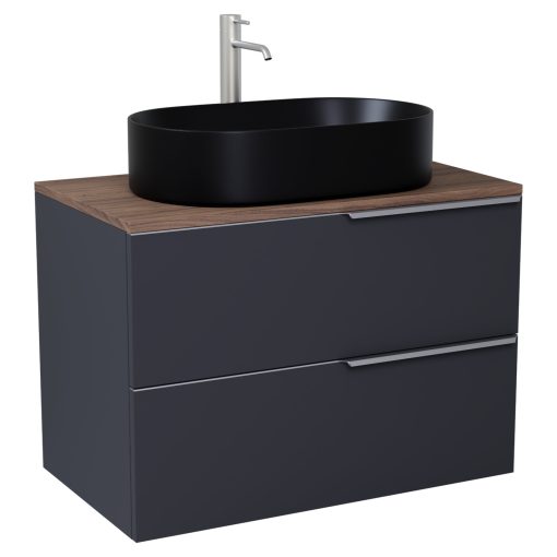 HD Carona Matt Antracit 60 komplett fürdőszoba bútor fali mosdószekrénnyel, szálcsiszolt króm fogantyúkkal, tölgyfa színű mosdópulttal és tükörrel