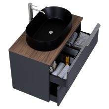 HD Carona Matt Antracit 60 komplett fürdőszoba bútor fali mosdószekrénnyel, szálcsiszolt króm fogantyúkkal, tölgyfa színű mosdópulttal és tükörrel