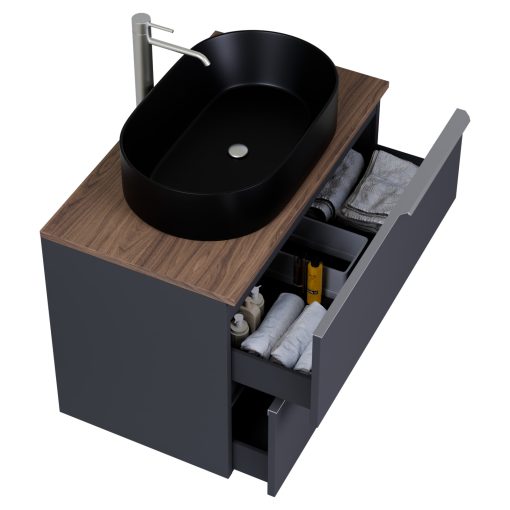 HD Carona Matt Antracit 60 komplett fürdőszoba bútor fali mosdószekrénnyel, szálcsiszolt króm fogantyúkkal, tölgyfa színű mosdópulttal és tükörrel