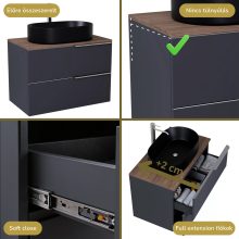 HD Carona Matt Antracit 60 komplett fürdőszoba bútor fali mosdószekrénnyel, szálcsiszolt króm fogantyúkkal, tölgyfa színű mosdópulttal és tükörrel