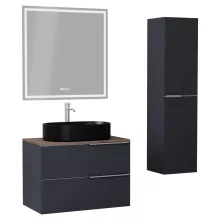 HD Carona Matt Antracit 60 komplett fürdőszoba bútor szett fali mosdószekrénnyel, szálcsiszolt króm fogantyúkkal, tölgyfa színű mosdópulttal, tükörrel és magasszekrénnyel