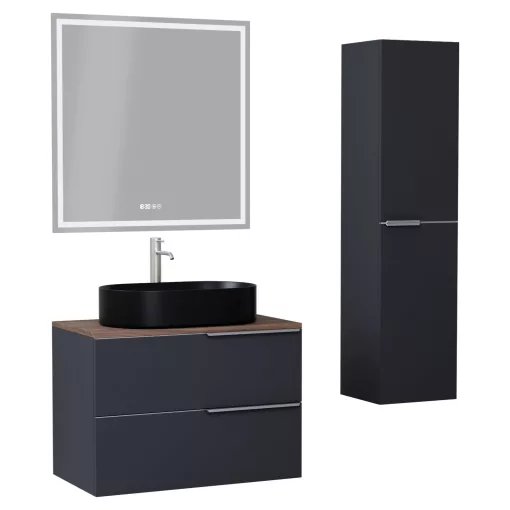 HD Carona Matt Antracit 60 komplett fürdőszoba bútor szett fali mosdószekrénnyel, szálcsiszolt króm fogantyúkkal, tölgyfa színű mosdópulttal, tükörrel és magasszekrénnyel