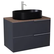 HD Carona Matt Antracit 60 komplett fürdőszoba bútor szett fali mosdószekrénnyel, szálcsiszolt króm fogantyúkkal, tölgyfa színű mosdópulttal, tükörrel és magasszekrénnyel