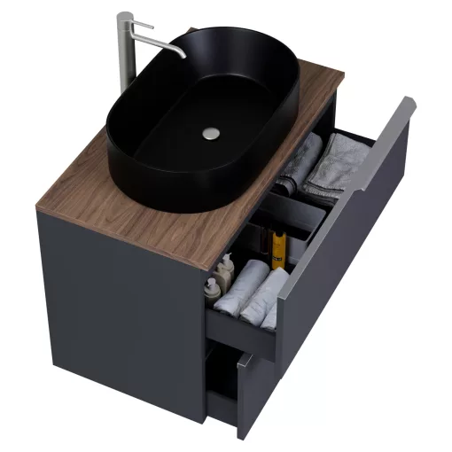 HD Carona Matt Antracit 60 komplett fürdőszoba bútor szett fali mosdószekrénnyel, szálcsiszolt króm fogantyúkkal, tölgyfa színű mosdópulttal, tükörrel és magasszekrénnyel