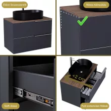 HD Carona Matt Antracit 60 komplett fürdőszoba bútor szett fali mosdószekrénnyel, szálcsiszolt króm fogantyúkkal, tölgyfa színű mosdópulttal, tükörrel és magasszekrénnyel