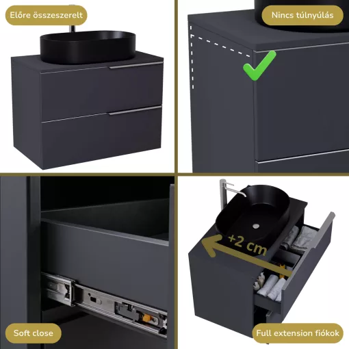 HD Carona Matt Antracit 60/80 fali mosdószekrény matt antracit mosdópulttal és szálcsiszolt króm fogantyúkkal