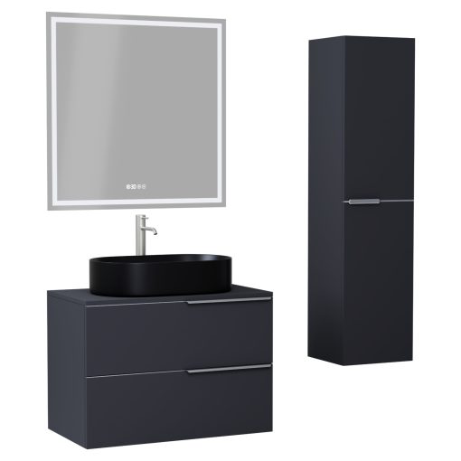 HD Carona Matt Antracit 60 komplett fürdőszoba bútor szett fali mosdószekrénnyel, szálcsiszolt króm fogantyúkkal, antracit mosdópulttal, tükörrel és magasszekrénnyel