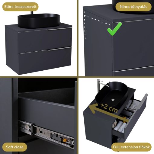 HD Carona Matt Antracit 60 komplett fürdőszoba bútor szett fali mosdószekrénnyel, szálcsiszolt króm fogantyúkkal, antracit mosdópulttal, tükörrel és magasszekrénnyel