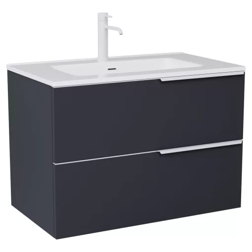 HD Cremona Matt Antracit 60 fali mosdószekrény matt fehér fogantyúkkal és fényes fehér slim mosdóval
