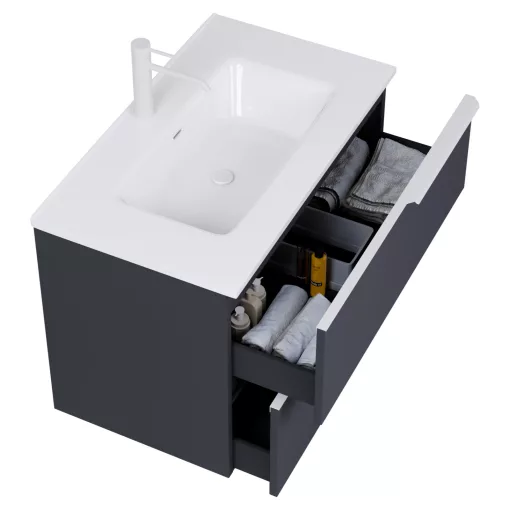 HD Cremona Matt Antracit 60 fali mosdószekrény matt fehér fogantyúkkal és fényes fehér slim mosdóval