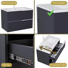 HD Cremona Matt Antracit 60 fali mosdószekrény matt fehér fogantyúkkal és fényes fehér slim mosdóval