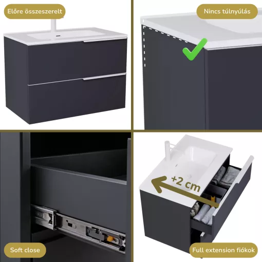HD Cremona Matt Antracit 60 fali mosdószekrény matt fehér fogantyúkkal és fényes fehér slim mosdóval