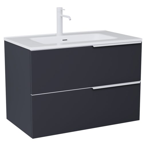 HD Cremona Matt Antracit 60 komplett fürdőszoba bútor szett fali mosdószekrénnyel, matt fehér fogantyúkkal, fényes fehér slim mosdóval, tükörrel és magasszekrénnyel
