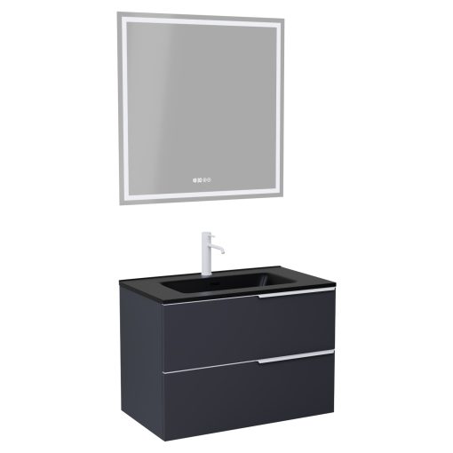HD Cremona Matt Antracit 60 komplett fürdőszoba bútor fali mosdószekrénnyel, matt fehér fogantyúkkal, matt fekete slim mosdóval és tükörrel