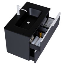 HD Cremona Matt Antracit 60 komplett fürdőszoba bútor fali mosdószekrénnyel, matt fehér fogantyúkkal, matt fekete slim mosdóval és tükörrel