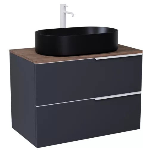 HD Carona Matt Antracit 60 fali mosdószekrény tölgyfa színű mosdópulttal és matt fehér fogantyúkkal