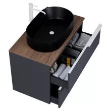 HD Carona Matt Antracit 60 fali mosdószekrény tölgyfa színű mosdópulttal és matt fehér fogantyúkkal