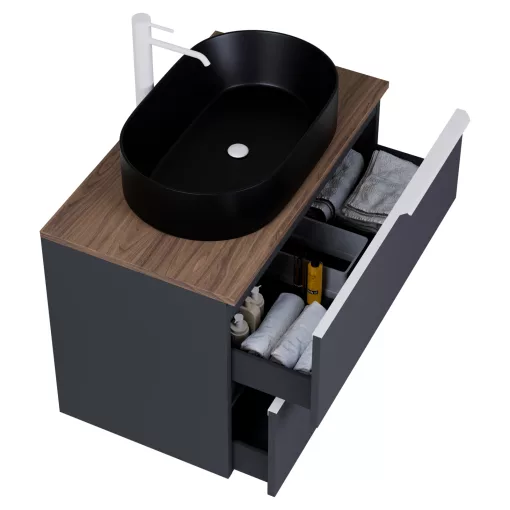 HD Carona Matt Antracit 60 fali mosdószekrény tölgyfa színű mosdópulttal és matt fehér fogantyúkkal