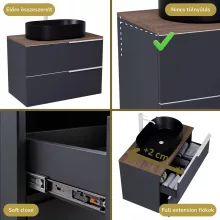 HD Carona Matt Antracit 60 fali mosdószekrény tölgyfa színű mosdópulttal és matt fehér fogantyúkkal