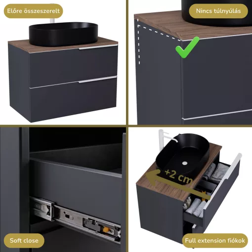 HD Carona Matt Antracit 60 fali mosdószekrény tölgyfa színű mosdópulttal és matt fehér fogantyúkkal