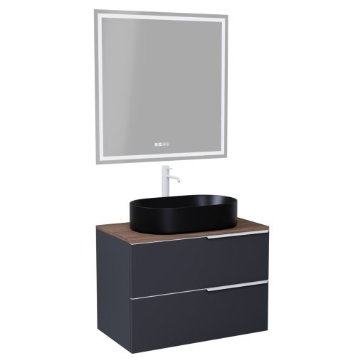 HD Carona Matt Antracit 60 komplett fürdőszoba bútor fali mosdószekrénnyel, matt fehér fogantyúkkal, tölgyfa színű mosdópulttal és tükörrel