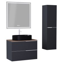 HD Carona Matt Antracit 60 komplett fürdőszoba bútor szett fali mosdószekrénnyel, matt fehér fogantyúkkal, tölgyfa színű mosdópulttal, tükörrel és magasszekrénnyel