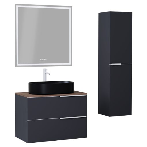 HD Carona Matt Antracit 60 komplett fürdőszoba bútor szett fali mosdószekrénnyel, matt fehér fogantyúkkal, tölgyfa színű mosdópulttal, tükörrel és magasszekrénnyel