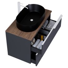 HD Carona Matt Antracit 60 komplett fürdőszoba bútor szett fali mosdószekrénnyel, matt fehér fogantyúkkal, tölgyfa színű mosdópulttal, tükörrel és magasszekrénnyel