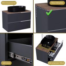 HD Carona Matt Antracit 60 komplett fürdőszoba bútor szett fali mosdószekrénnyel, matt fehér fogantyúkkal, tölgyfa színű mosdópulttal, tükörrel és magasszekrénnyel