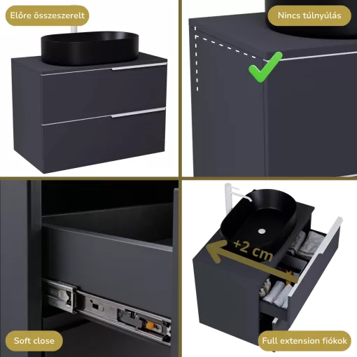 HD Carona Matt Antracit 60 fali mosdószekrény matt antracit mosdópulttal és matt fehér fogantyúkkal