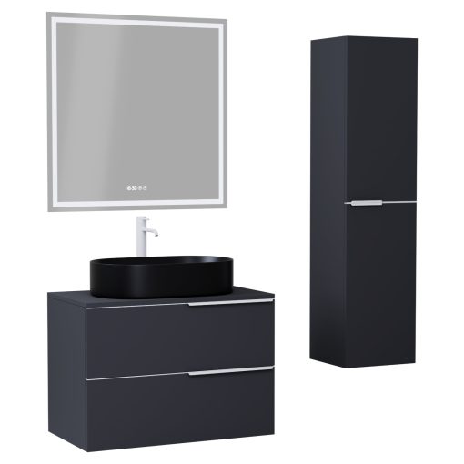 HD Carona Matt Antracit 60 komplett fürdőszoba bútor szett fali mosdószekrénnyel, matt fehér fogantyúkkal, antracit mosdópulttal, tükörrel és magasszekrénnyel