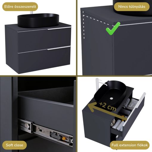 HD Carona Matt Antracit 60 komplett fürdőszoba bútor szett fali mosdószekrénnyel, matt fehér fogantyúkkal, antracit mosdópulttal, tükörrel és magasszekrénnyel