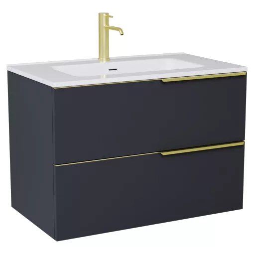 HD Cremona Matt Antracit 60 fali mosdószekrény szálcsiszolt arany fogantyúkkal és fényes fehér slim mosdóval