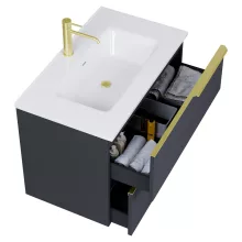 HD Cremona Matt Antracit 60 fali mosdószekrény szálcsiszolt arany fogantyúkkal és fényes fehér slim mosdóval