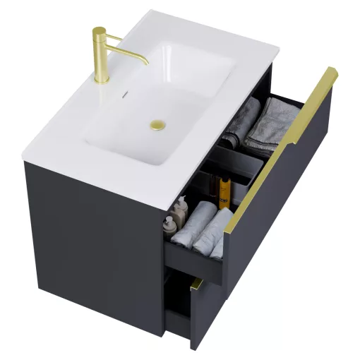 HD Cremona Matt Antracit 60 fali mosdószekrény szálcsiszolt arany fogantyúkkal és fényes fehér slim mosdóval