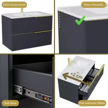 HD Cremona Matt Antracit 60 fali mosdószekrény szálcsiszolt arany fogantyúkkal és fényes fehér slim mosdóval