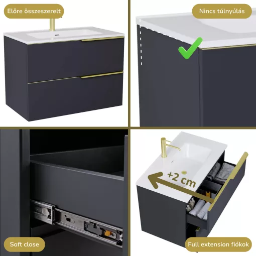 HD Cremona Matt Antracit 60 fali mosdószekrény szálcsiszolt arany fogantyúkkal és fényes fehér slim mosdóval