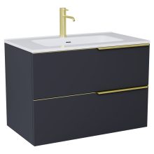 HD Cremona Matt Antracit 60 komplett fürdőszoba bútor fali mosdószekrénnyel, szálcsiszolt arany fogantyúkkal, fényes fehér slim mosdóval és tükörrel