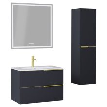 HD Cremona Matt Antracit 60 komplett fürdőszoba bútor szett fali mosdószekrénnyel, szálcsiszolt arany fogantyúkkal, fényes fehér slim mosdóval, tükörrel és magasszekrénnyel