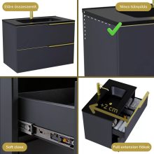 HD Cremona Matt Antracit 60 fali mosdószekrény szálcsiszolt arany fogantyúkkal és matt fekete slim mosdóval