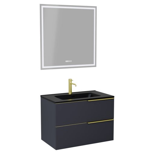HD Cremona Matt Antracit 60 komplett fürdőszoba bútor fali mosdószekrénnyel, szálcsiszolt arany fogantyúkkal, matt fekete slim mosdóval és tükörrel