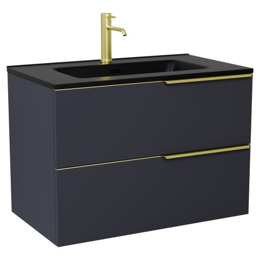 HD Cremona Matt Antracit 60 komplett fürdőszoba bútor fali mosdószekrénnyel, szálcsiszolt arany fogantyúkkal, matt fekete slim mosdóval és tükörrel